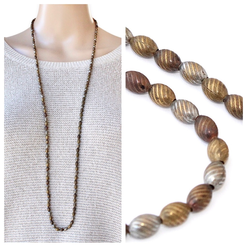 Vintage Mixed Metal Beaded Necklace Chain Brass Bronze Silver Tone Bead 37” Long